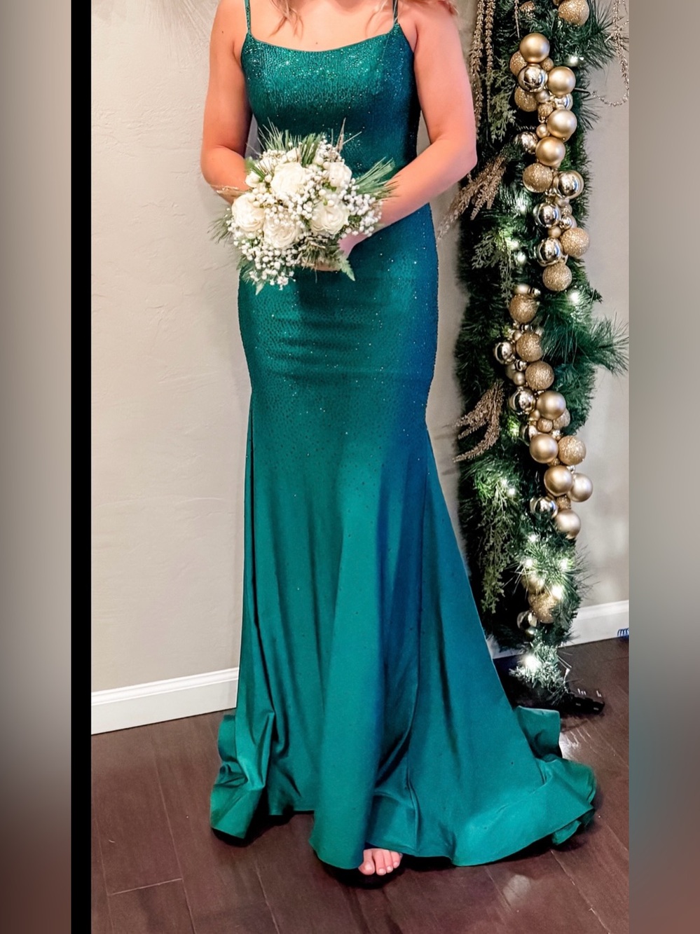 Emerald Green Satin Mermaid Maxi Dress hot stones- Women's Formal Gown